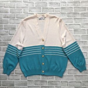St John By Mary Gray Santana Knit Sweater Cardigan Sz L Blue Ivory Striped *Flaw